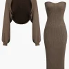 Ribbed Knit Strapless Midi Dress And Bolero Set>MICAS Best