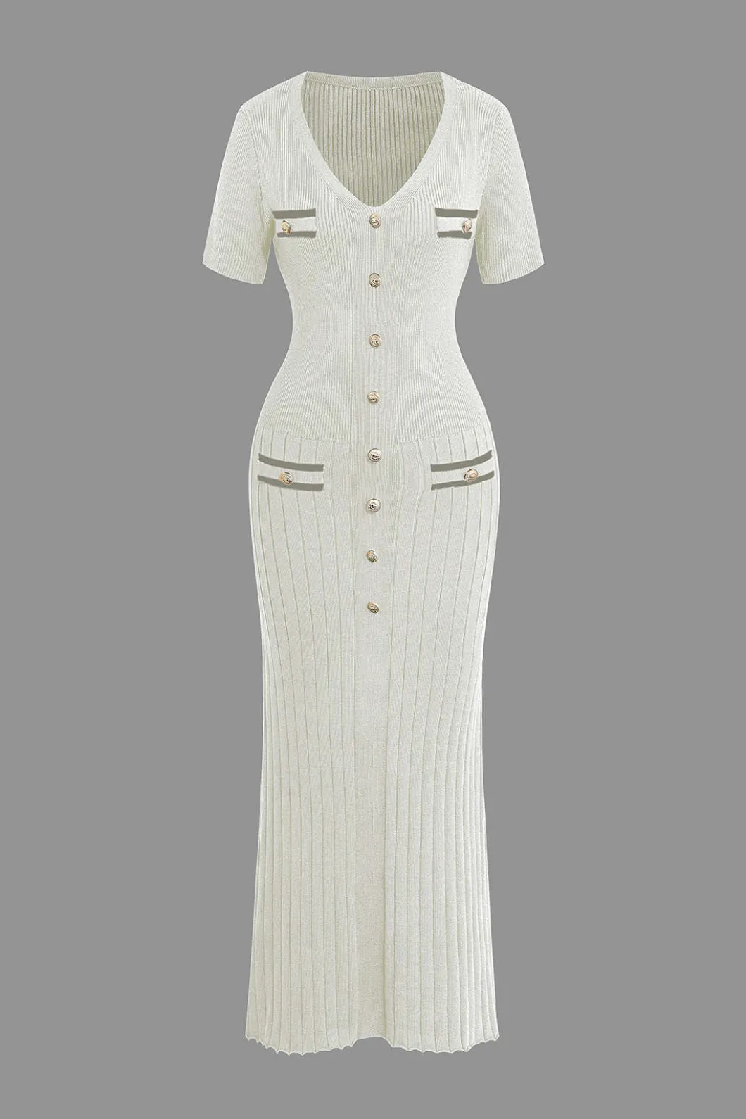 Ribbed Knit V-neck Midi Dress>MICAS New