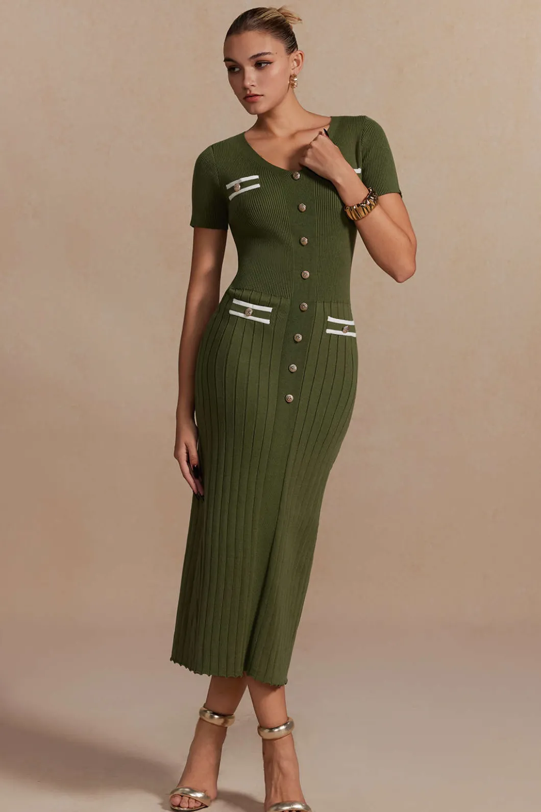 Ribbed Knit V-neck Midi Dress>MICAS New