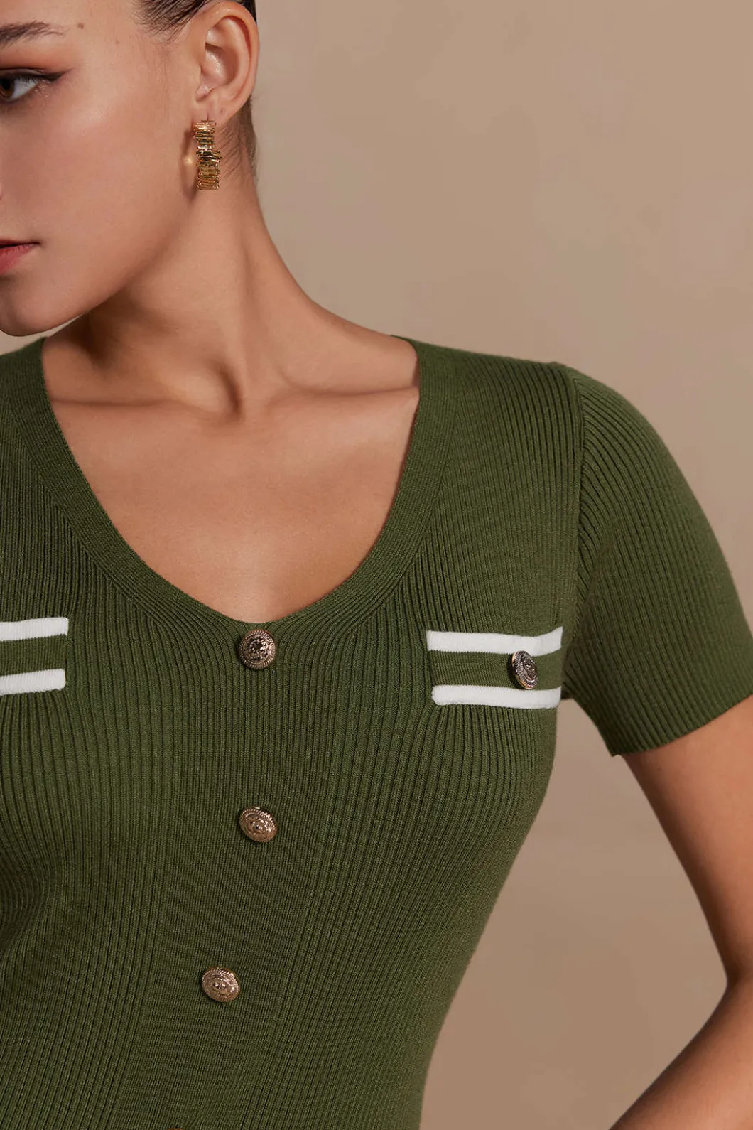 Ribbed Knit V-neck Midi Dress>MICAS New