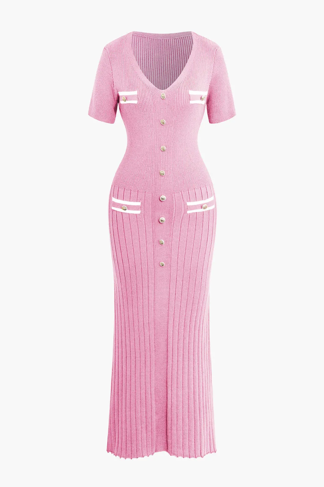 Ribbed Knit V-neck Midi Dress>MICAS New