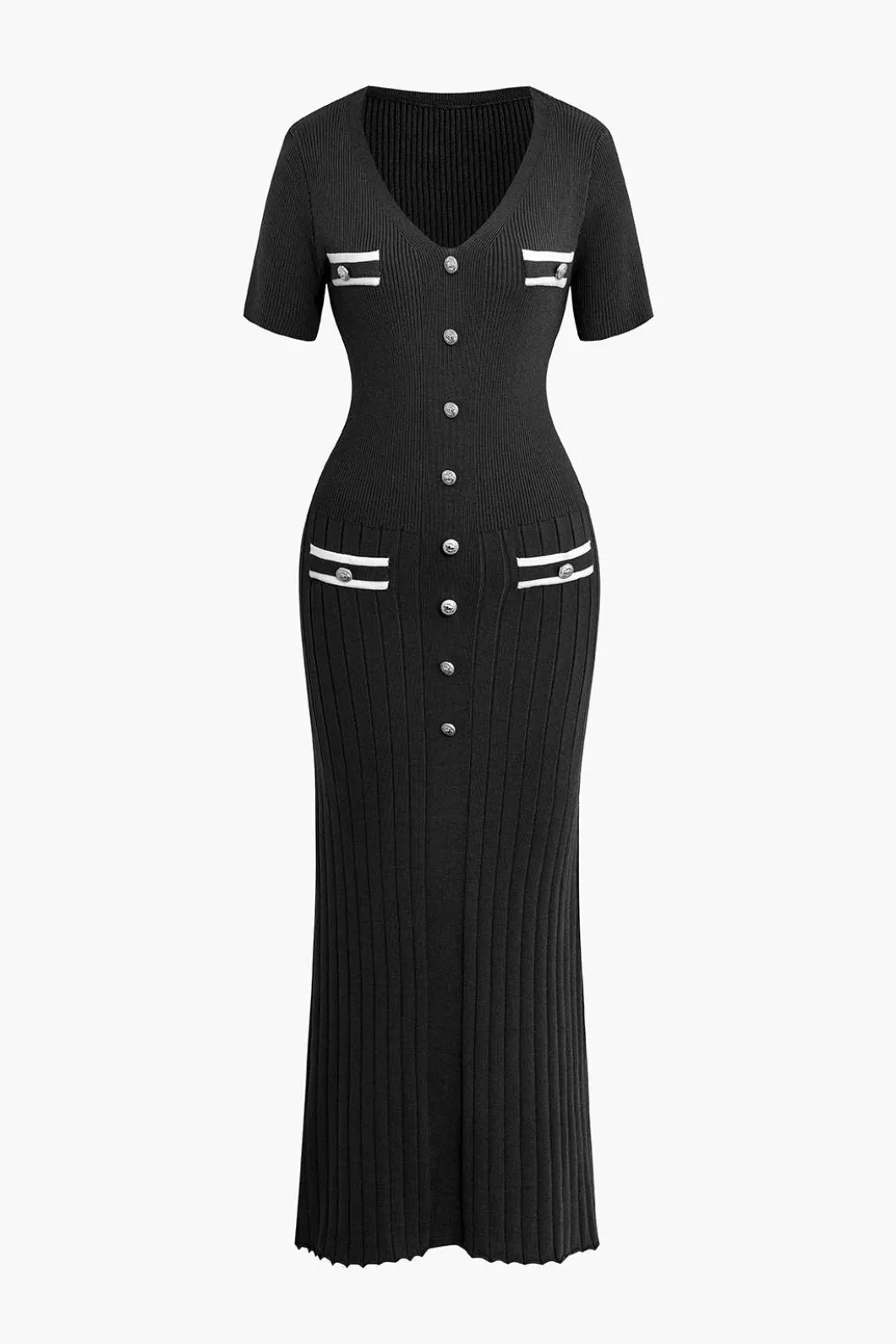 Ribbed Knit V-neck Midi Dress>MICAS New