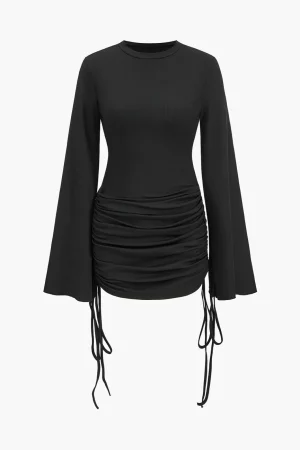 Round Neck Ruched Drawstring Bell Long Sleeve Mini Dress>MICAS New