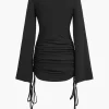 Round Neck Ruched Drawstring Bell Long Sleeve Mini Dress>MICAS New