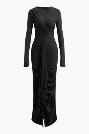 Round Neck Ruched Slit Long Sleeve Maxi Dress>MICAS New
