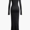 Round Neck Ruched Slit Long Sleeve Maxi Dress>MICAS New