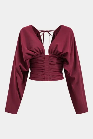 Ruched Backless Tie Back Long-Sleeve Shirt>MICAS Outlet