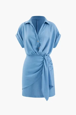 Ruched Detail Mini Shirt Dress>MICAS Fashion