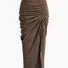 Ruched Drawstring Split Skirt>MICAS Online