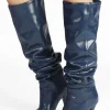 Ruched Faux Leather Pointed Toe Knee High Boots>MICAS Online