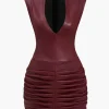 Ruched Faux Leather V-Neck Bodycon Mini Dress>MICAS Hot