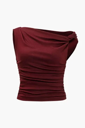 Ruched Knot One-Shoulder Sleeveless Top>MICAS Fashion