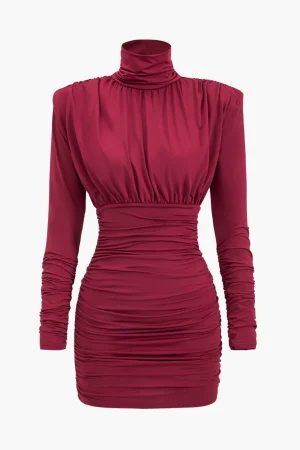 Ruched Long Sleeve Turtleneck Mini Dress>MICAS Outlet