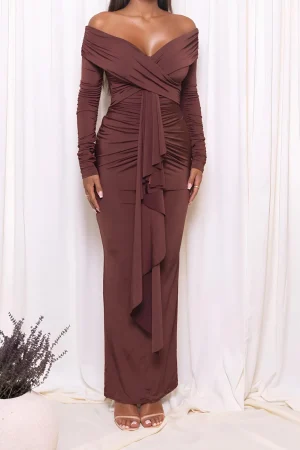 Ruched Off Shoulder Drape Detail Maxi Dress>MICAS Fashion