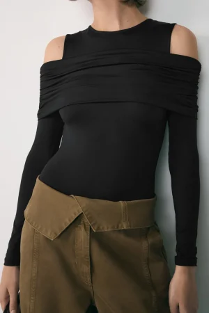Ruched Off Shoulder Long Sleeve Bodysuit>MICAS Outlet