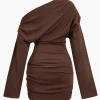 Ruched One Shoulder Long Sleeve Mini Dress>MICAS Fashion