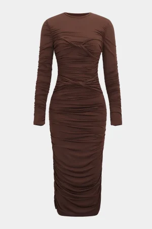 Ruched Round Neck Long-Sleeve Midi Dress>MICAS New