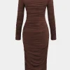 Ruched Round Neck Long-Sleeve Midi Dress>MICAS New