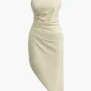 Ruched Sleeveless Asymmetric Hem Midi Dress>MICAS Hot