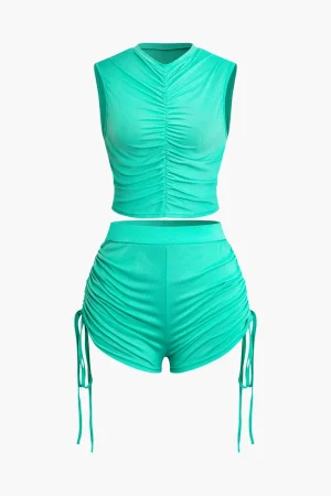 Ruched Sleeveless Top and Drawstring Shorts Set>MICAS Sale