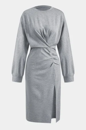 Ruched Slit Round Neck Long Sleeve Midi Dress>MICAS Discount