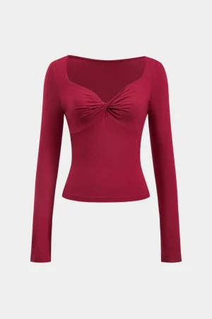 Ruched Twist Knot V-Neck Long-Sleeve Top>MICAS Online