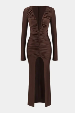 Ruched V-Neck Long Sleeve Maxi Dress>MICAS Fashion