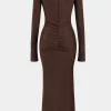 Ruched V-Neck Long Sleeve Maxi Dress>MICAS Fashion