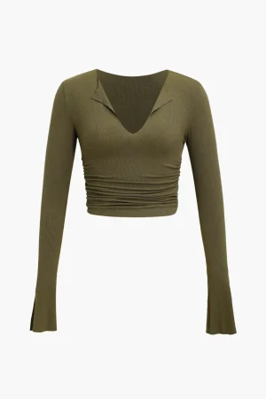 Ruched V-neck Slit Sleeve Top>MICAS Discount