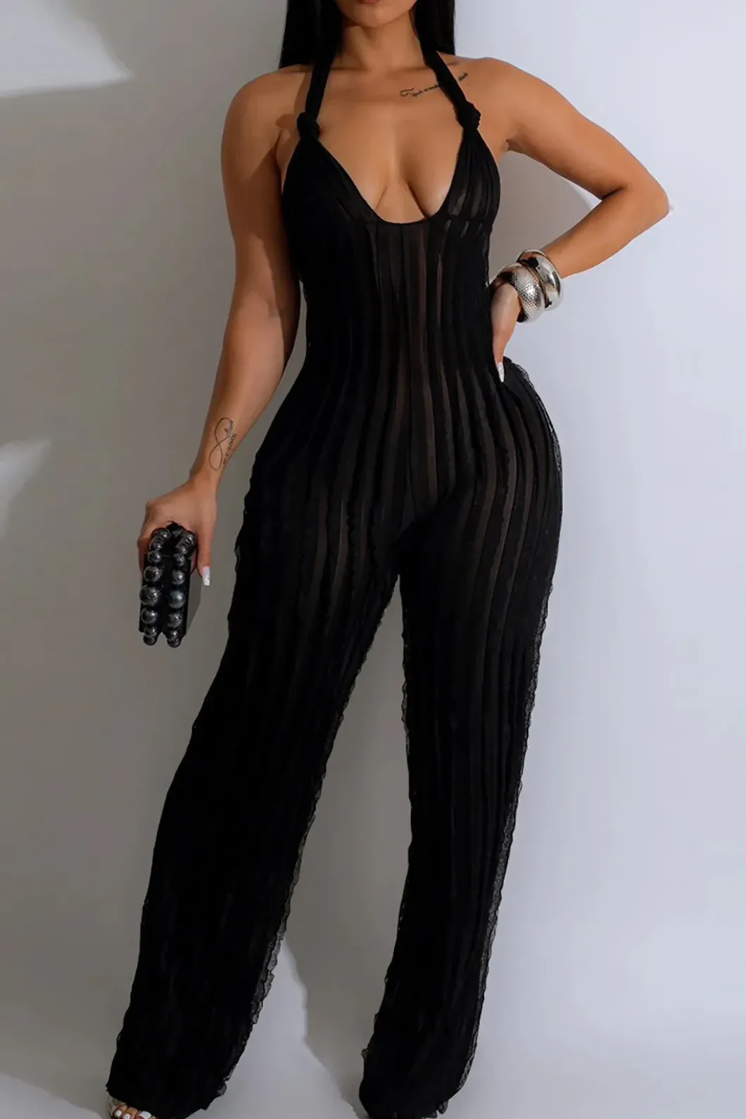 Ruffle Knot Halter Backless Jumpsuit>MICAS Clearance