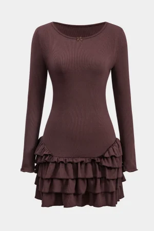 Ruffle Round Neck Long Sleeve Mini Dress>MICAS Outlet