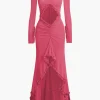 Ruffle Trim Ruched Cut Out Maxi Dress>MICAS New