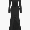 Ruffle Trim Ruched Cut Out Maxi Dress>MICAS New