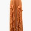 Ruffle Trim Slit Wide Leg Pants>MICAS New