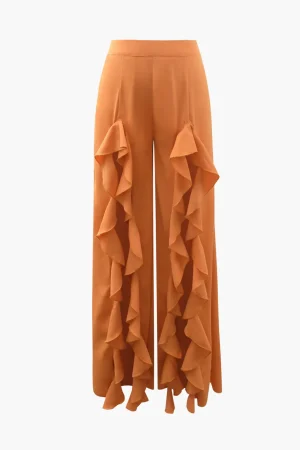 Ruffle Trim Slit Wide Leg Pants>MICAS New