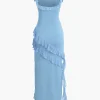 Ruffle Trim Square Neck Slit Sleeveless Maxi Dress>MICAS Outlet