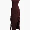Ruffle Trim Square Neck Slit Sleeveless Maxi Dress>MICAS Outlet