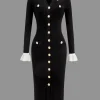 Ruffled Cuffs And Collar Ribbed Knit Button Front Midi Dress>MICAS Clearance