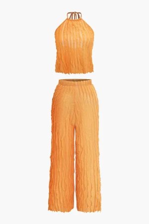 Ruffled Textured Halter Crop Top And Wide-Leg Pants Set>MICAS Hot