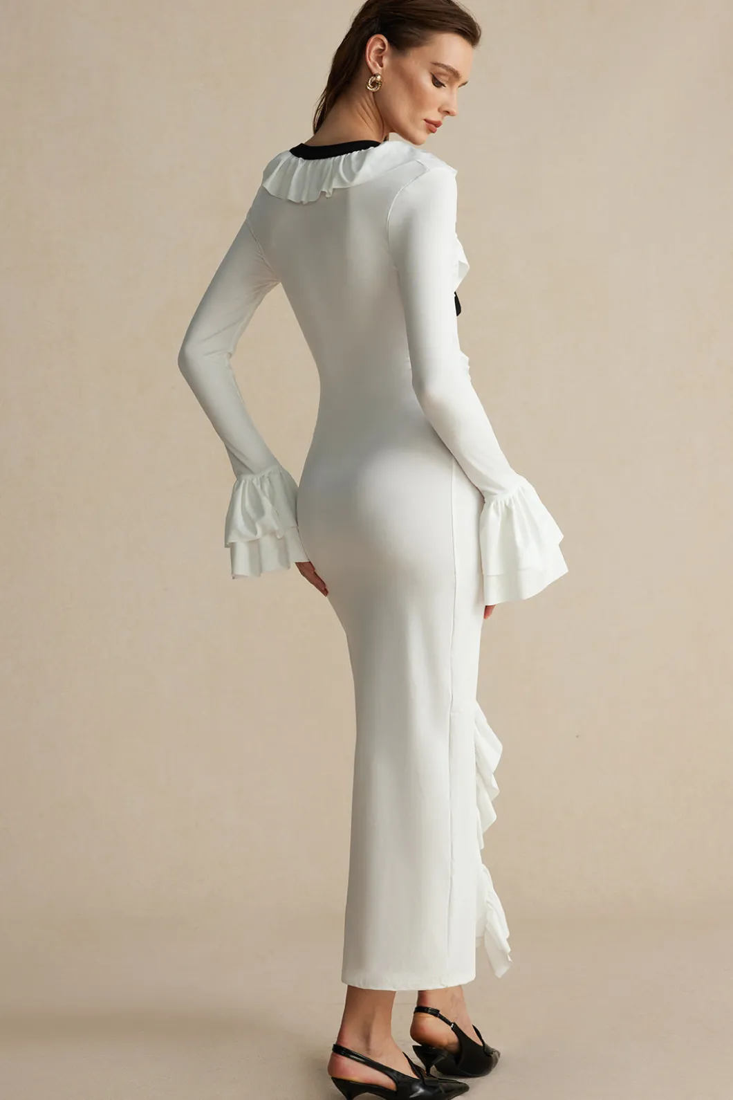 Ruffled V-Neck Long Sleeve Maxi Dress>MICAS Best