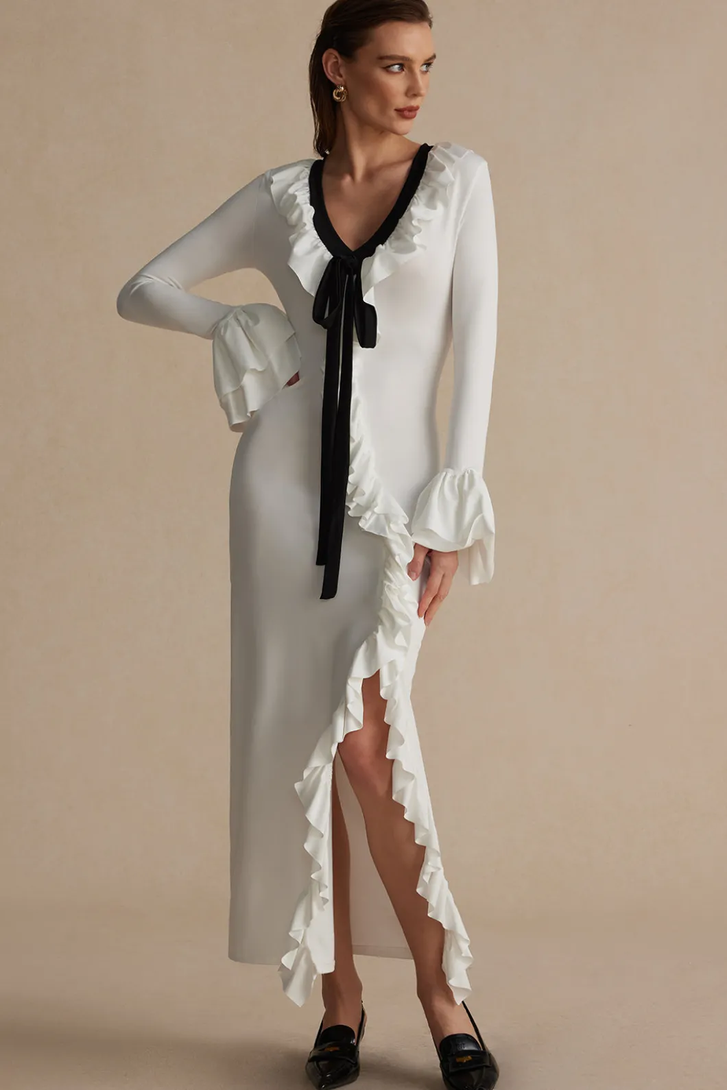 Ruffled V-Neck Long Sleeve Maxi Dress>MICAS Best