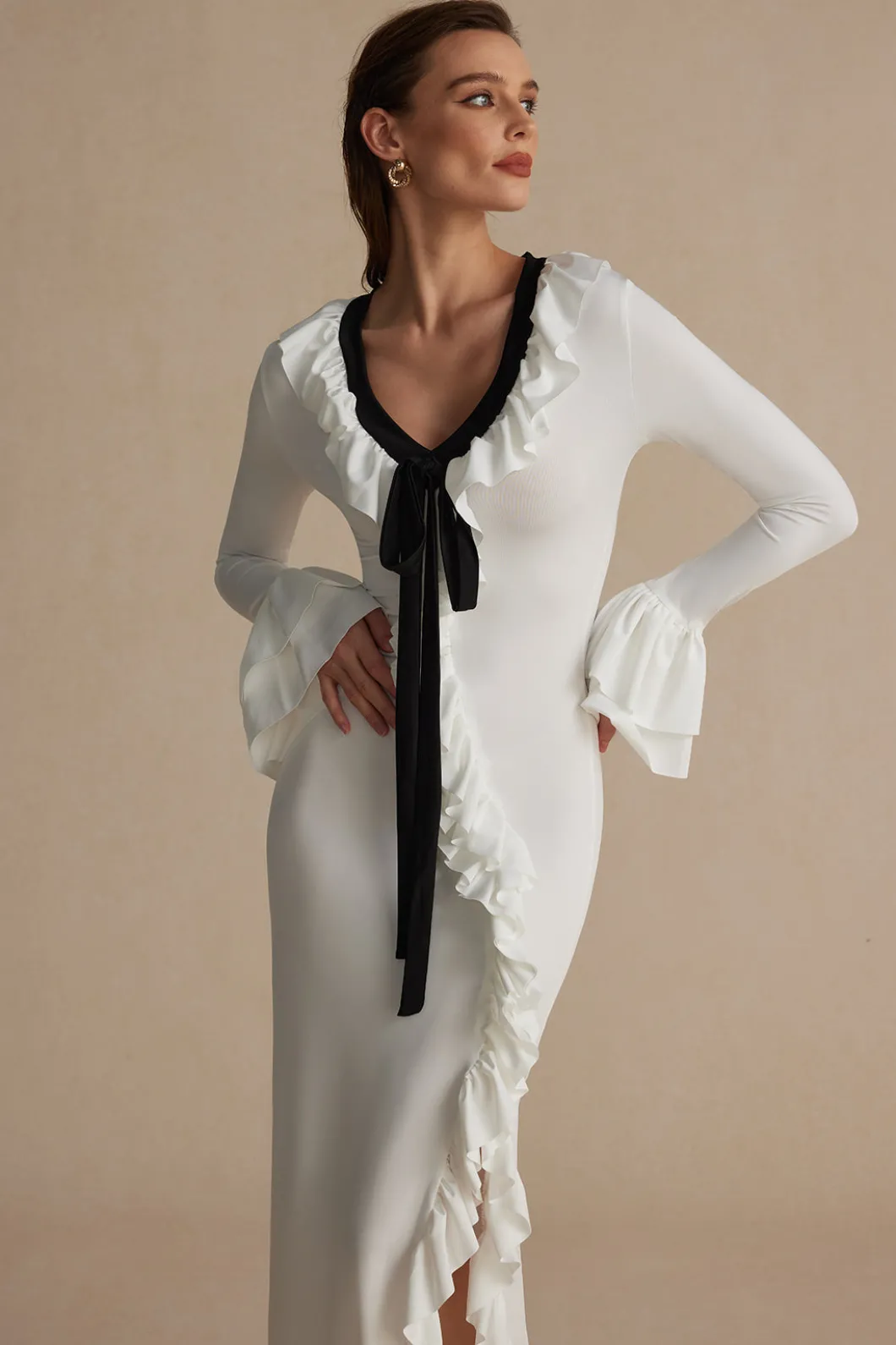 Ruffled V-Neck Long Sleeve Maxi Dress>MICAS Best
