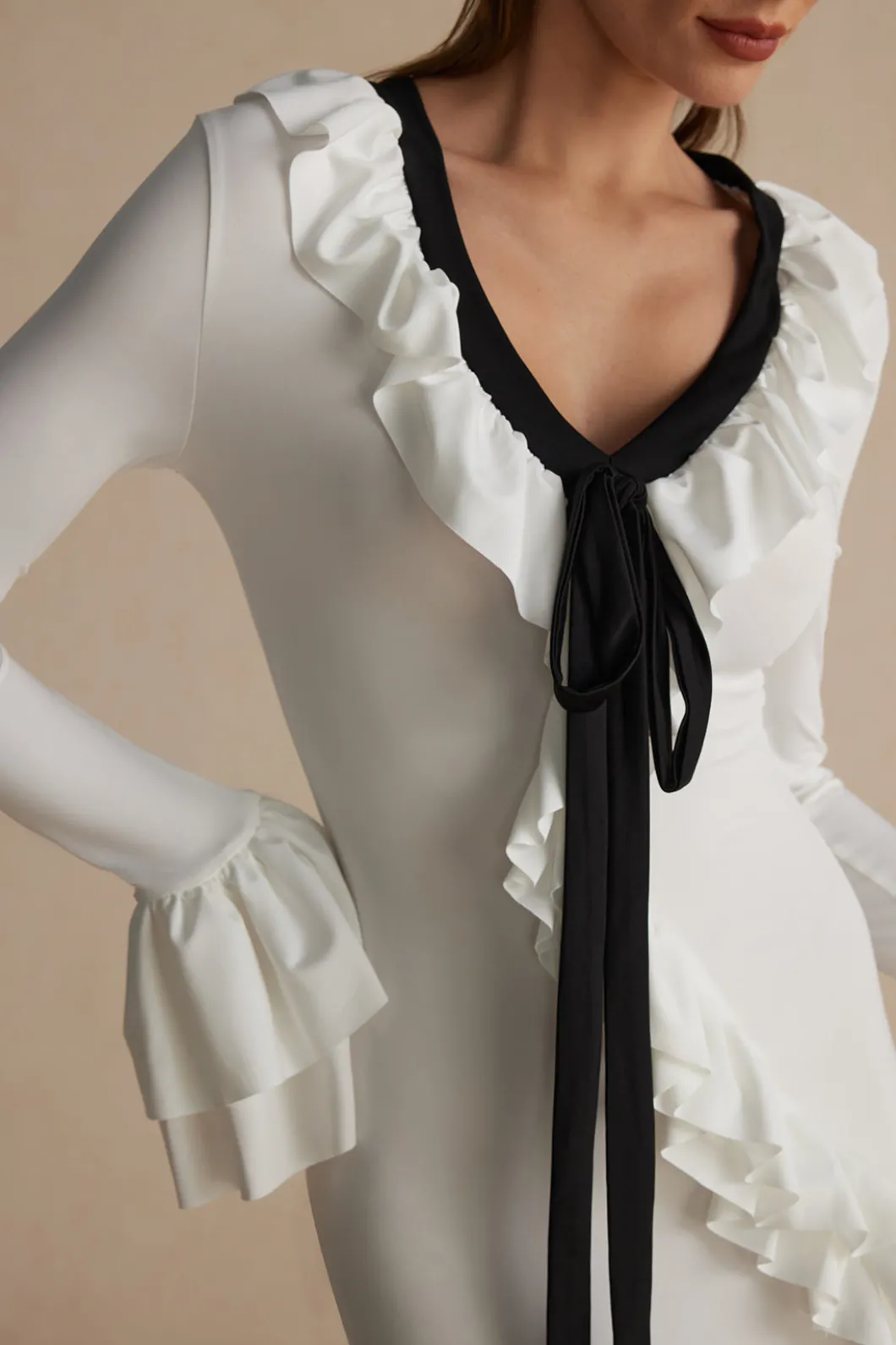 Ruffled V-Neck Long Sleeve Maxi Dress>MICAS Best