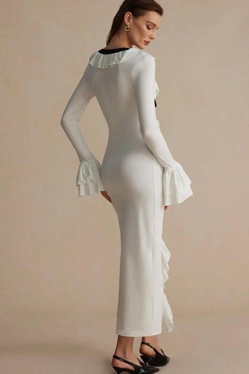 Ruffled V-Neck Long Sleeve Maxi Dress>MICAS Best