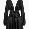 Satin Backless Belted V-neck Mini Dress>MICAS New