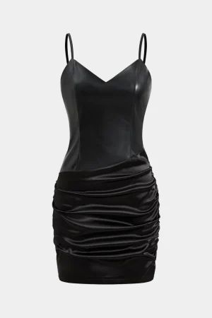 Satin Faux Leather Patchwork Ruched Slip Mini Dress>MICAS Sale