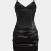 Satin Faux Leather Patchwork Ruched Slip Mini Dress>MICAS Sale
