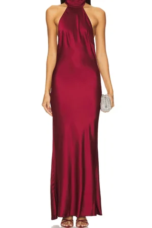 Satin Halter Neck Backless Sleeveless Maxi Dress>MICAS Outlet