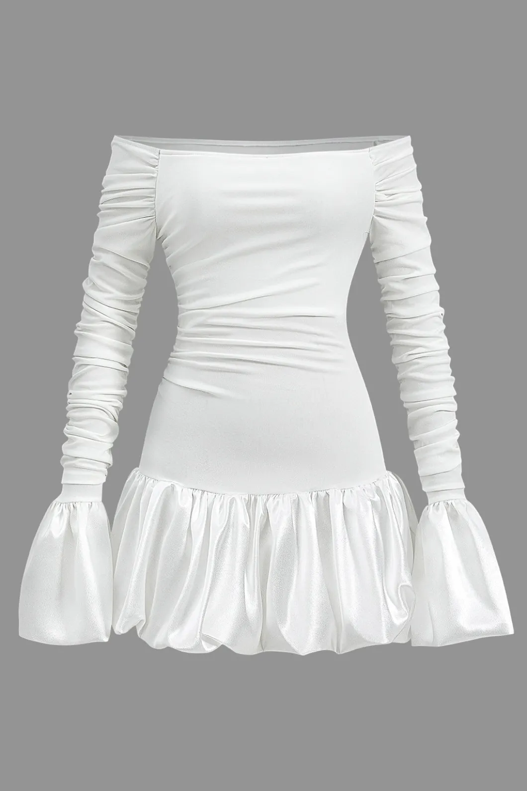 Satin Off Shoulder Puff Sleeve Patchwork Ruched Mini Dress>MICAS Discount