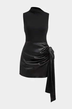 Satin Patchwork Asymmetrical Sleeveless Mini Dress>MICAS Fashion
